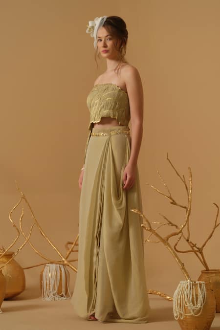 Abstract By Megha Jain Madaan_Gold Georgette, Cotton, Jersey Sequins Embellished Ruched Top With Draped Skirt _Online_at_Aza_Fashions