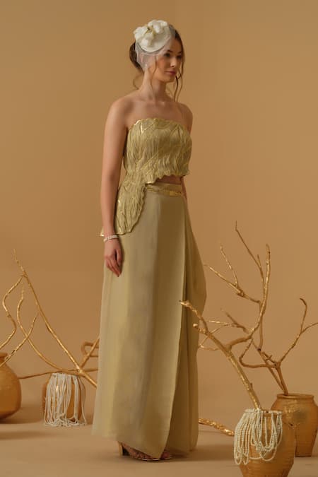 Buy_Abstract By Megha Jain Madaan_Gold Georgette, Cotton, Jersey Sequins Embellished Ruched Top With Draped Skirt _Online_at_Aza_Fashions