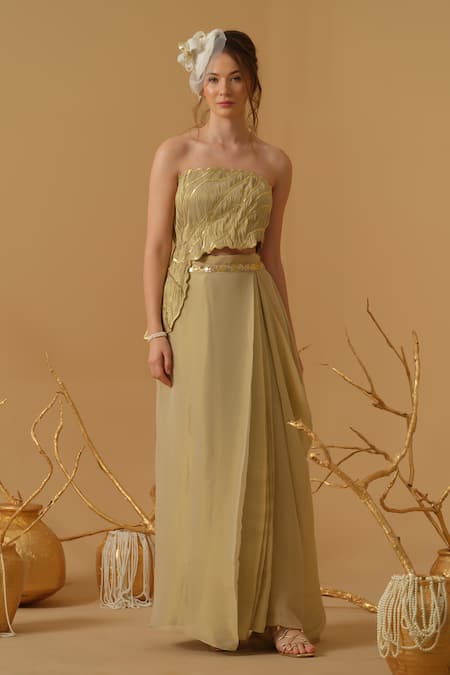 Shop_Abstract By Megha Jain Madaan_Gold Georgette, Cotton, Jersey Sequins Embellished Ruched Top With Draped Skirt _Online_at_Aza_Fashions