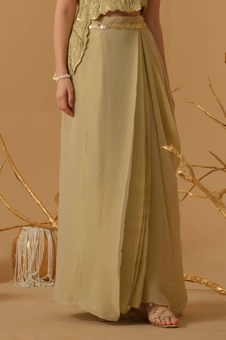 Abstract By Megha Jain Madaan_Gold Georgette, Cotton, Jersey Sequins Embellished Ruched Top With Draped Skirt _at_Aza_Fashions