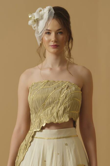 Buy_Abstract By Megha Jain Madaan_Gold Georgette, Tissue Sequins Bandeau Neck Embellished Ruched Top With Skirt _Online_at_Aza_Fashions