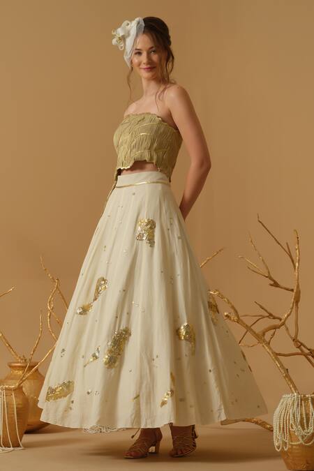 Buy_Abstract By Megha Jain Madaan_Gold Georgette, Tissue Sequins Bandeau Neck Embellished Ruched Top With Skirt 