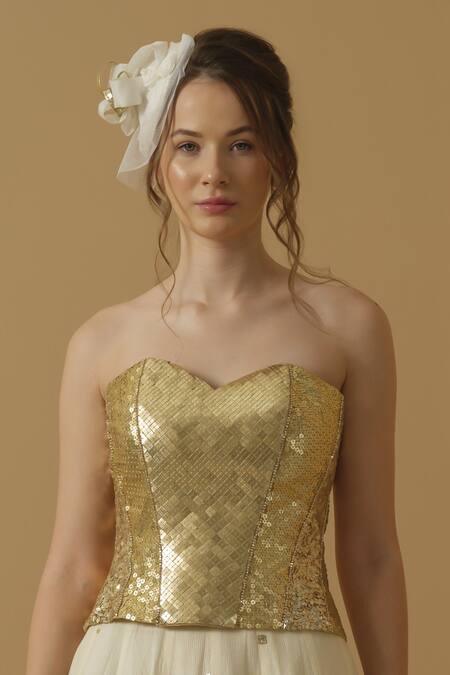 Buy_Abstract By Megha Jain Madaan_Gold Cotton Sequins Sweetheart Neck Embellished Corset With Skirt _Online_at_Aza_Fashions