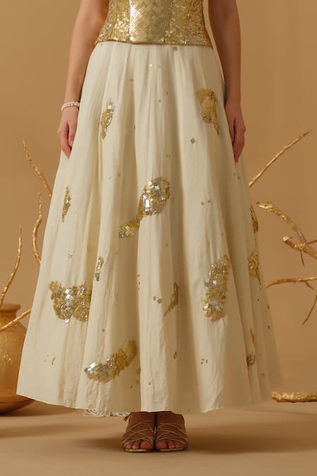 Buy_Abstract By Megha Jain Madaan_Gold Cotton Sequins Sweetheart Neck Embellished Corset With Skirt 