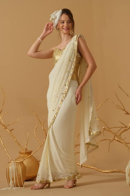 Abstract By Megha Jain Madaan Gold Silk, Crepe, Jersey, Cotton Pre-draped Saree With Embellished Corset 
