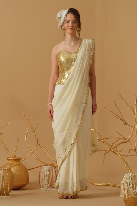 Buy_Abstract By Megha Jain Madaan_Gold Silk, Crepe, Jersey, Cotton Pre-draped Saree With Embellished Corset _Online_at_Aza_Fashions