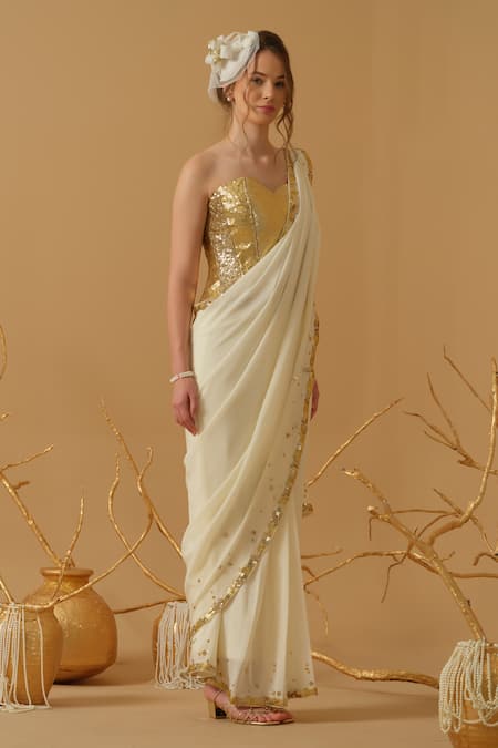 Shop_Abstract By Megha Jain Madaan_Gold Silk, Crepe, Jersey, Cotton Pre-draped Saree With Embellished Corset _Online_at_Aza_Fashions