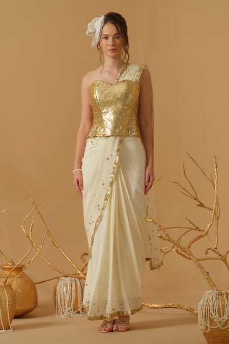 Shop_Abstract By Megha Jain Madaan_Gold Silk, Crepe, Jersey, Cotton Pre-draped Saree With Embellished Corset _Online_at_Aza_Fashions