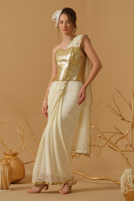 Buy_Abstract By Megha Jain Madaan_Gold Silk, Crepe, Jersey, Cotton Pre-draped Saree With Embellished Corset 