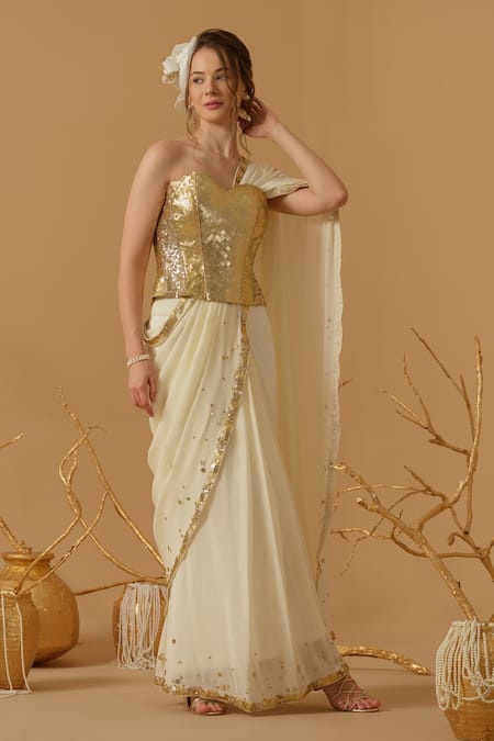 Shop_Abstract By Megha Jain Madaan_Gold Silk, Crepe, Jersey, Cotton Pre-draped Saree With Embellished Corset 
