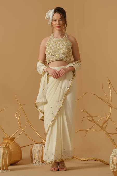 Abstract By Megha Jain Madaan_Ivory Georgette, Tissue, Silk, Crepe, Cotton Pre-draped Saree With Blouse _Online_at_Aza_Fashions