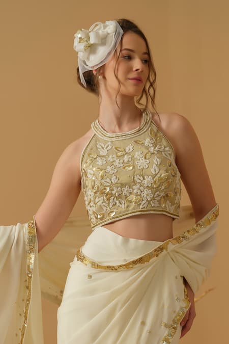 Abstract By Megha Jain Madaan_Ivory Georgette, Tissue, Silk, Crepe, Cotton Pre-draped Saree With Blouse _at_Aza_Fashions