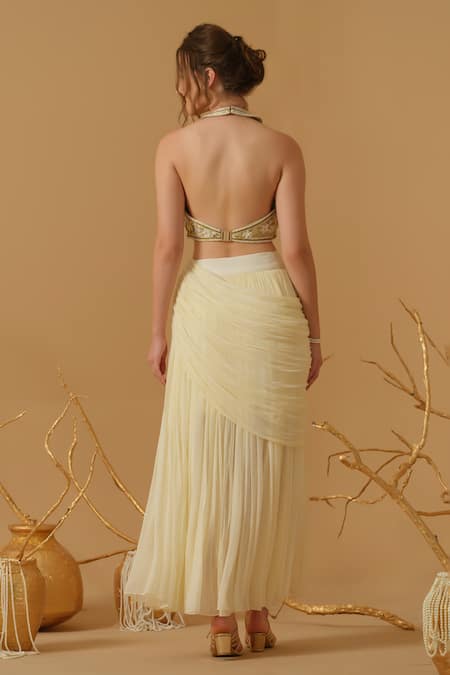 Abstract By Megha Jain Madaan Floral Work Top With Draped Skirt 