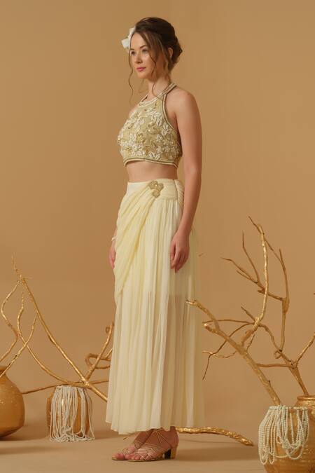 Abstract By Megha Jain Madaan_Gold Georgette, Cotton, Jersey, Tissue Floral Work Top With Draped Skirt _Online_at_Aza_Fashions