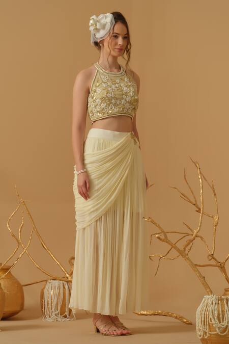 Buy_Abstract By Megha Jain Madaan_Gold Georgette, Cotton, Jersey, Tissue Floral Work Top With Draped Skirt _Online_at_Aza_Fashions