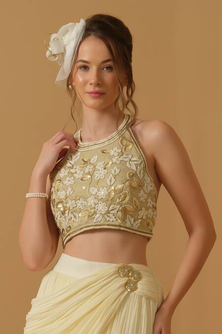 Shop_Abstract By Megha Jain Madaan_Gold Georgette, Cotton, Jersey, Tissue Floral Work Top With Draped Skirt _Online_at_Aza_Fashions