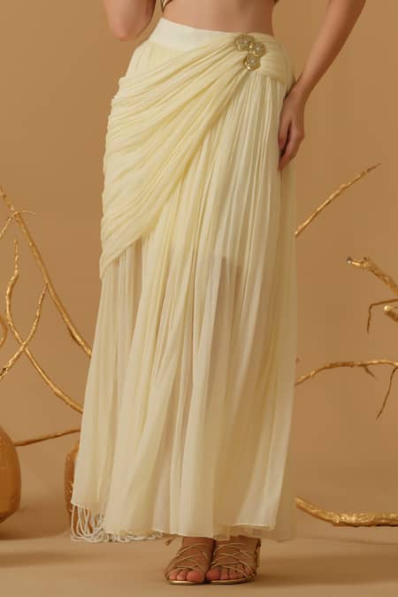 Abstract By Megha Jain Madaan_Gold Georgette, Cotton, Jersey, Tissue Floral Work Top With Draped Skirt _at_Aza_Fashions