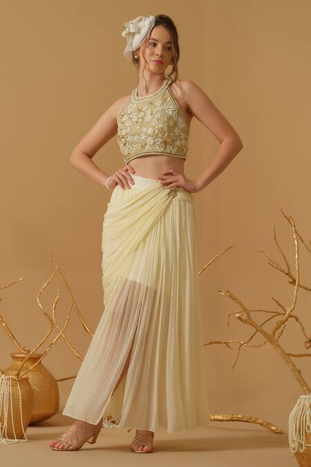 Buy_Abstract By Megha Jain Madaan_Gold Georgette, Cotton, Jersey, Tissue Floral Work Top With Draped Skirt 