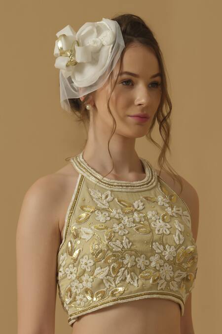 Buy_Abstract By Megha Jain Madaan_Gold Georgette, Tulle, Tissue, Cotton Embroidery, Top With Culottes Pant _Online_at_Aza_Fashions