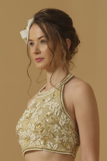 Shop_Abstract By Megha Jain Madaan_Gold Georgette, Tulle, Tissue, Cotton Embroidery, Top With Culottes Pant _Online_at_Aza_Fashions