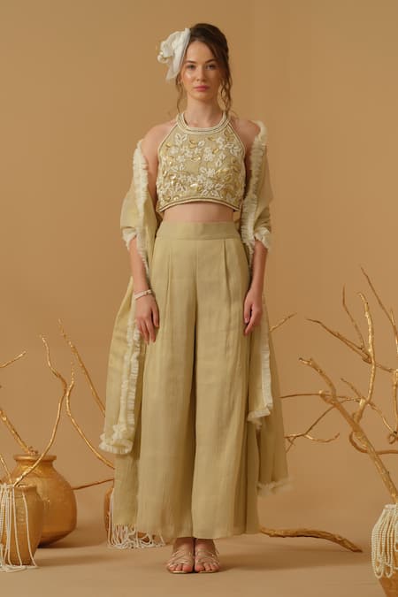 Abstract By Megha Jain Madaan Gold Georgette, Tulle, Tissue, Cotton Embroidery, Top With Culottes Pant 
