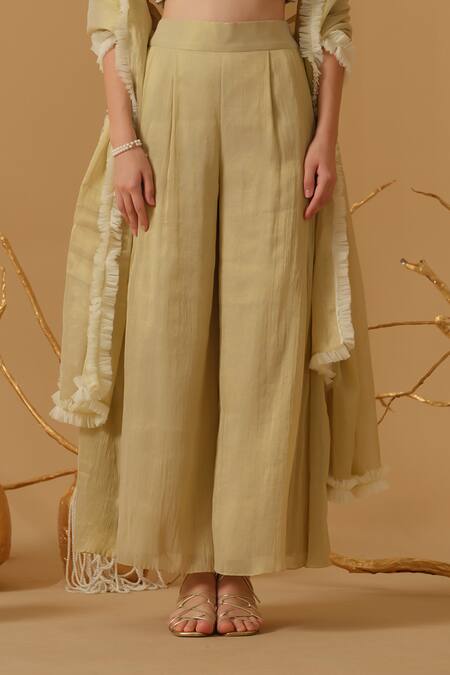 Buy_Abstract By Megha Jain Madaan_Gold Georgette, Tulle, Tissue, Cotton Embroidery, Top With Culottes Pant 