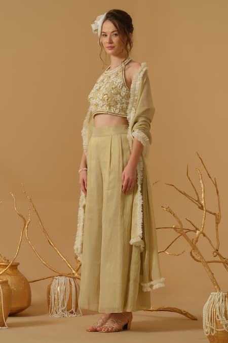 Shop_Abstract By Megha Jain Madaan_Gold Georgette, Tulle, Tissue, Cotton Embroidery, Top With Culottes Pant 