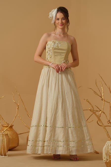 Abstract By Megha Jain Madaan Gold Georgette, Tissue Embroidery, Sequins, Beads Bandeau Neck Corset Gown 