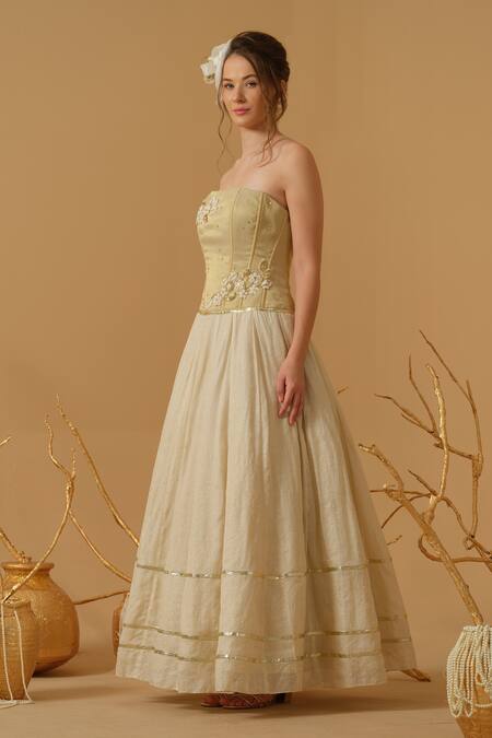 Abstract By Megha Jain Madaan_Gold Georgette, Tissue Embroidery, Sequins, Beads Bandeau Neck Corset Gown _Online_at_Aza_Fashions