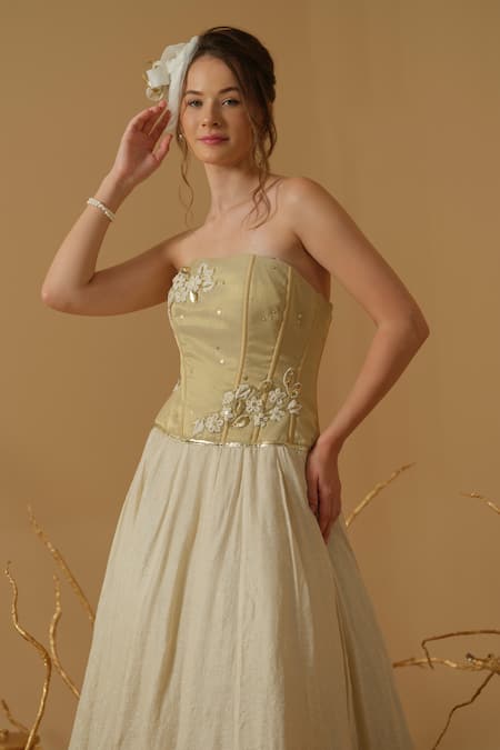 Buy_Abstract By Megha Jain Madaan_Gold Georgette, Tissue Embroidery, Sequins, Beads Bandeau Neck Corset Gown _Online_at_Aza_Fashions