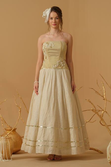 Shop_Abstract By Megha Jain Madaan_Gold Georgette, Tissue Embroidery, Sequins, Beads Bandeau Neck Corset Gown _Online_at_Aza_Fashions