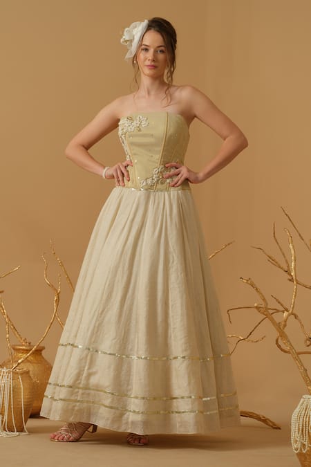 Buy_Abstract By Megha Jain Madaan_Gold Georgette, Tissue Embroidery, Sequins, Beads Bandeau Neck Corset Gown 