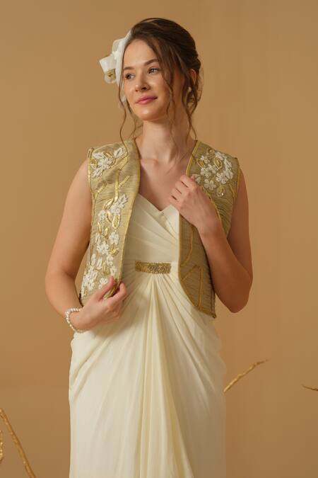 Abstract By Megha Jain Madaan_Ivory Silk, Crepe, Georgette, Tissue Sequins, Jacket With Draped Dress _Online_at_Aza_Fashions