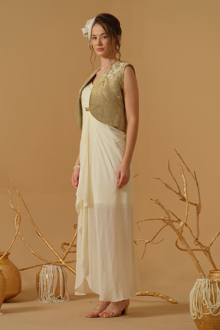 Buy_Abstract By Megha Jain Madaan_Ivory Silk, Crepe, Georgette, Tissue Sequins, Jacket With Draped Dress _Online_at_Aza_Fashions