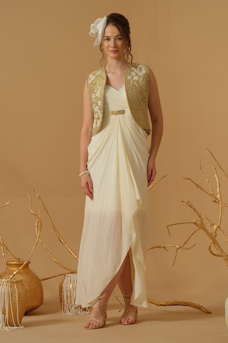 Abstract By Megha Jain Madaan Ivory Silk, Crepe, Georgette, Tissue Sequins, Jacket With Draped Dress 