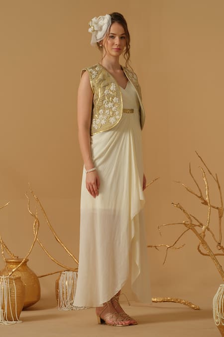 Abstract By Megha Jain Madaan Embroidered Jacket With Draped Dress 