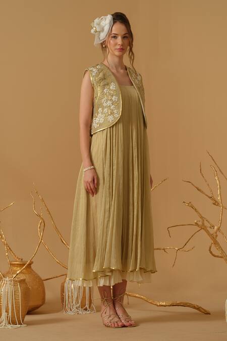 Abstract By Megha Jain Madaan_Gold Georgette, Tissue Sequins, Embroidery, Beads Jacket With Flared Anarkali _Online_at_Aza_Fashions