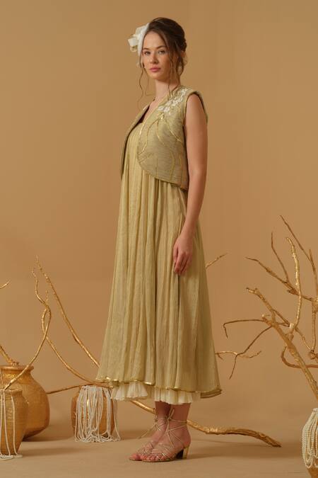 Shop_Abstract By Megha Jain Madaan_Gold Georgette, Tissue Sequins, Embroidery, Beads Jacket With Flared Anarkali _Online_at_Aza_Fashions