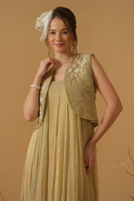 Abstract By Megha Jain Madaan_Gold Georgette, Tissue Sequins, Embroidery, Beads Jacket With Flared Anarkali _at_Aza_Fashions