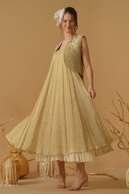 Buy_Abstract By Megha Jain Madaan_Gold Georgette, Tissue Sequins, Embroidery, Beads Jacket With Flared Anarkali 