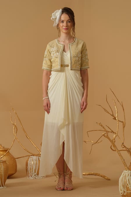 Abstract By Megha Jain Madaan Ivory Georgette, Crepe, Cotton, Jersey, Tissue, Silk Jacket With Draped Dress 