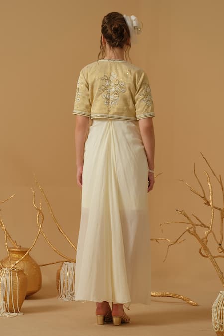 Abstract By Megha Jain Madaan Embroidered Jacket With Draped Dress 