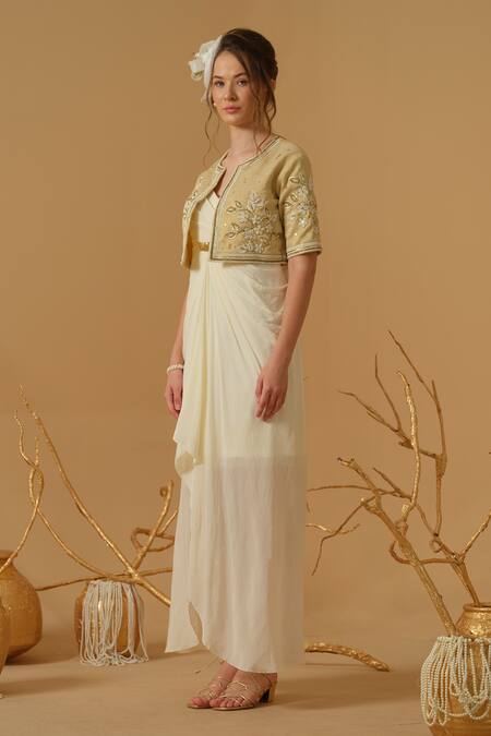 Abstract By Megha Jain Madaan_Ivory Georgette, Crepe, Cotton, Jersey, Tissue, Silk Jacket With Draped Dress _Online_at_Aza_Fashions