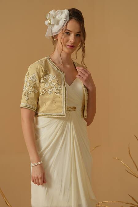 Buy_Abstract By Megha Jain Madaan_Ivory Georgette, Crepe, Cotton, Jersey, Tissue, Silk Jacket With Draped Dress _Online_at_Aza_Fashions