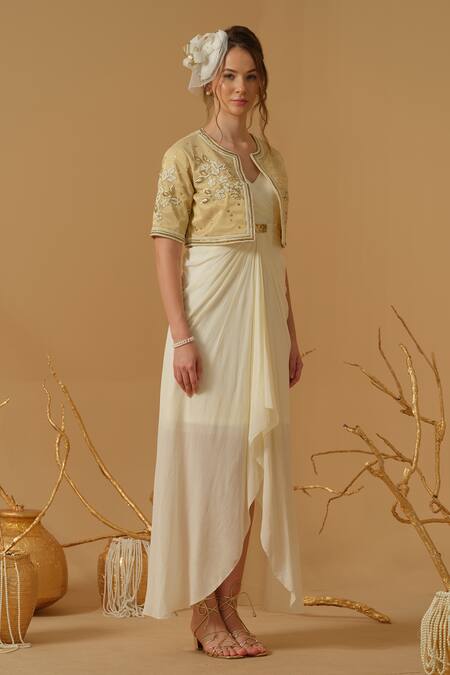 Shop_Abstract By Megha Jain Madaan_Ivory Georgette, Crepe, Cotton, Jersey, Tissue, Silk Jacket With Draped Dress _Online_at_Aza_Fashions