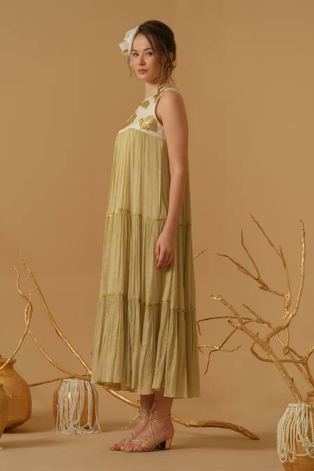 Abstract By Megha Jain Madaan Gold Georgette, Tissue Sequins Mandarin Collar Embellished Yoke Tiered Dress Online at Aza Fashions Abstract By Megha Jain Madaan_Gold Georgette, Tissue Sequins Mandarin Collar Embellished Yoke Tiered Dress _Online_at_Aza_Fashions