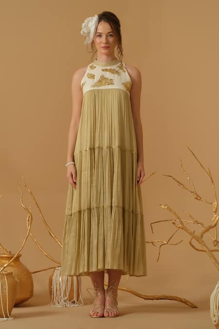Buy Abstract By Megha Jain Madaan Gold Georgette, Tissue Sequins Mandarin Collar Embellished Yoke Tiered Dress Online at Aza Fashions Buy_Abstract By Megha Jain Madaan_Gold Georgette, Tissue Sequins Mandarin Collar Embellished Yoke Tiered Dress _Online_at_Aza_Fashions
