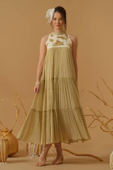 Abstract By Megha Jain Madaan Gold Georgette, Tissue Sequins Mandarin Collar Embellished Yoke Tiered Dress 