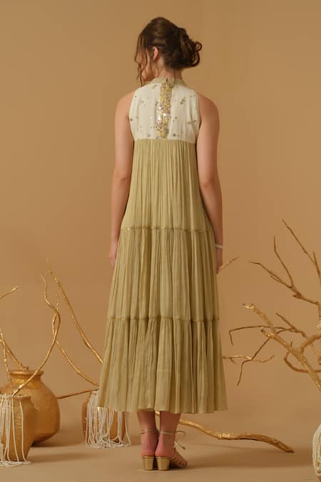 Abstract By Megha Jain Madaan Embellished Yoke Tiered Dress 