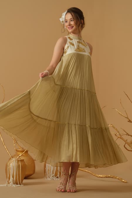Shop Abstract By Megha Jain Madaan Gold Georgette, Tissue Sequins Mandarin Collar Embellished Yoke Tiered Dress Online at Aza Fashions Shop_Abstract By Megha Jain Madaan_Gold Georgette, Tissue Sequins Mandarin Collar Embellished Yoke Tiered Dress _Online_at_Aza_Fashions